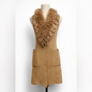 Vintage Y2K Brown Knit Vest with fox Fur Collar and Laces